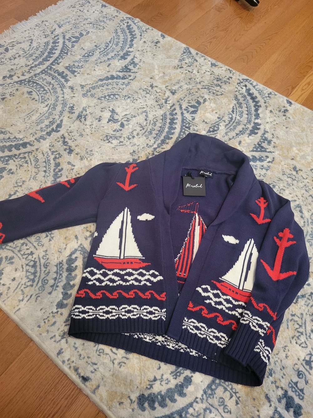 Marled Navy Blue Red White Nautical Cardigan Sweater NWT Medium - Picture 4 of 9